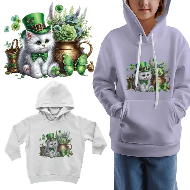 Симпатичный маленький кот с зеленой шляпой, термочувствительные нашивки, нашивки на детскую одежду, гладильная печать