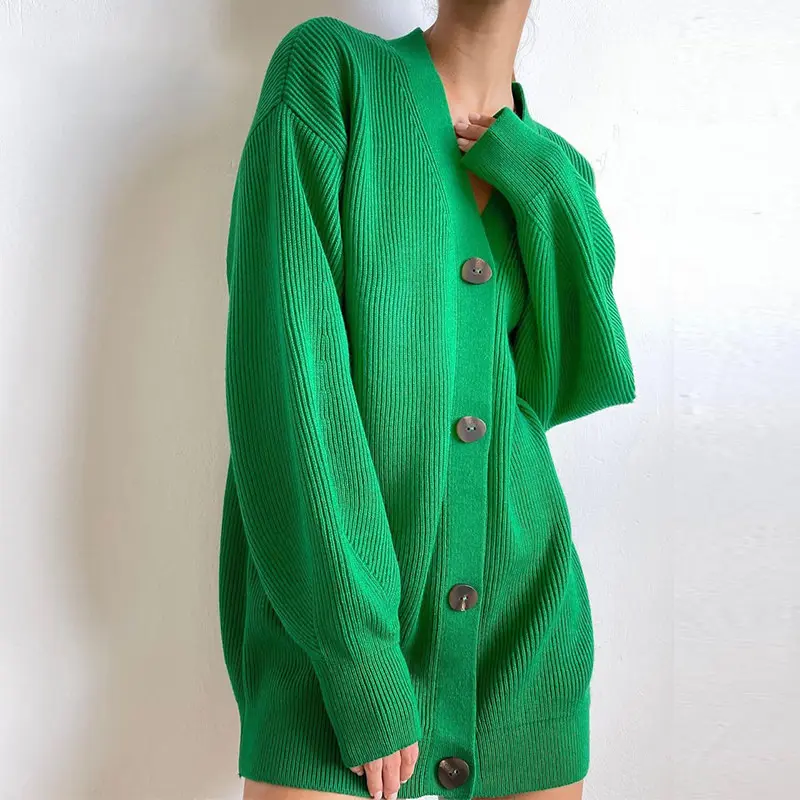 Autumn Winter Green Cardigan Oversized Women Long Sleeve Button Casual Loose Knitted Sweater Fashion