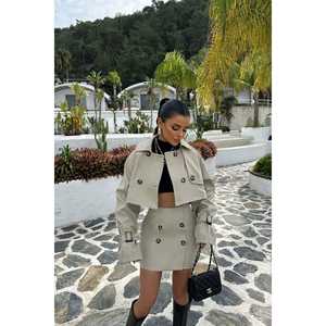 Coco Beige High Waist <b>Woolen</b> <b>Skirt</b> Set with Button Detail Top New Arrivals Ladies' Loose Fit Outfits Woven with Logo Decoration - Product Image 1