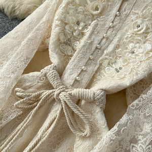 Elegante Abito in Chiffon con Ricami Floreali 3D e Vita Allacciata, Lussuoso Vestito da Sera Autunnale per Donna - Product Image 6