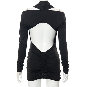 Y2K manica lunga con scollo all'americana da donna Sexy Cardigan aderente arricciato <span class=keywords><strong>nero</strong></span> senza schienale Mini abito - Product Image 6