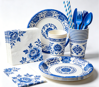 Ensemble de vaisselle jetable à thème porcelaine bleue et blanche, style chinois, kit de vaisselle pour fête