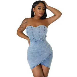 Customized Women Sexy Mature Off Shoulder Mini Denim Jeans Party Sleeveless Strapless Tube Top Dress