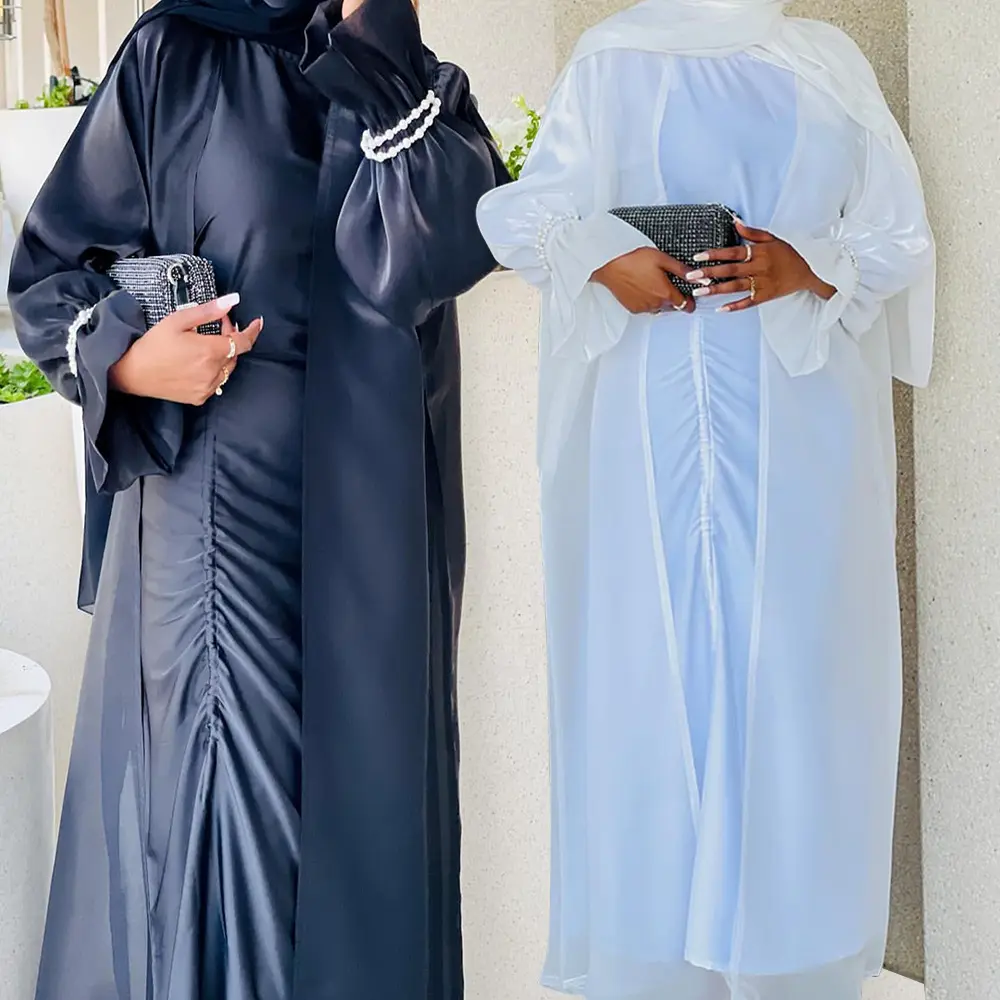 Grosir abaya terbuka lengan menyala untuk wanita muslim gaun Abaya kardigan wanita satin putih & HITAM