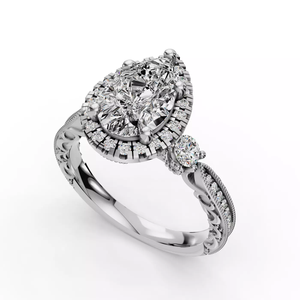 Bague de fiançailles personnalisée en or blanc 14 carats avec diamant de laboratoire taille poire, double halo, détails milgrain et bande ornée en filigrane - Product Image 3