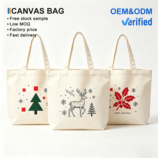 Eco Friendly Reusable Custom Printed Holiday Christmas Gift Canvas Tote Shopping Bag for Xmas Party