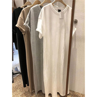 Nouvelle Robe T-shirt Décontractée Grande Taille d'Été Mi-longue Fendue à Manches Courtes, Cache-ventre Ample Amincissante en Mousseline Unie, Style Décontracté