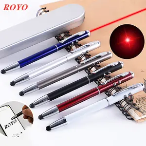 Pena Stylus 4 Dalam 1 Multifungsi, Pena Stilus Layar Sentuh Laser Poin Pena Ballpoint Logam dengan Lampu LED