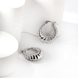 18k <b>Gold</b> <b>Plated</b> Stainless Steel Croissant Thread Pattern <b>Hoop</b> <b>Earrings</b> Geometric Jewelry Contour Huggie <b>Earrings</b> for Women - Product Image 6