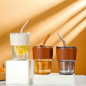 Vaso de Vidrio Promocional de Alta Calidad con Cuero y Pajita, Impresión Personalizada, Resistente al Calor, Vaso de <span class=keywords><strong>Regalo</strong></span> para Bodas, Diferentes Colores - Product Image 3