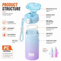 Bouteille d'eau PC en gros 600ml 750ml, gourde sportive ombrée avec bouton poussoir, couvercle anti-poussière et sangle de transport pour cadeaux scolaires et événements