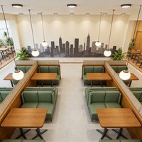 Ensemble de mobilier de restaurant en bois sur mesure, vente en gros, pour café commercial, sièges en cuir vert