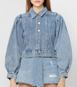 Puff Sleeve Short <strong>Cropped</strong> Pilot Bomber <strong>Jacket</strong> Women's Cotton Distressed Fitted Washed Ripped <strong>Denim</strong> Jean <strong>Jacket</strong> for Ladies - Product Image 1
