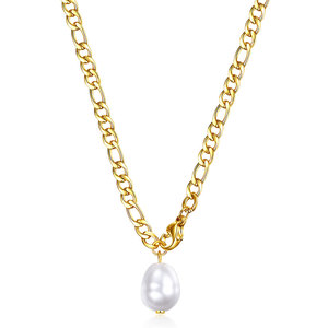 European American Fashion <b>Titanium</b> Steel Figaro <b>Chain</b> Imitation Pearl Pendant Clavicle Necklace Gold Color Daily Wear - Product Image 1