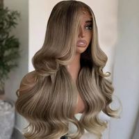 Perruque en cheveux humains ondulés Ombré Brun Blond avec mèches, Perruque frontale en dentelle HD transparente, Stock en gros pour salons de coiffure