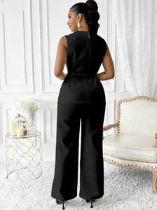 夏季新款女式 O 领无袖高腰上衣配腰带阔腿长裤套装优雅办公室女士修身两件套 - Product Image 3