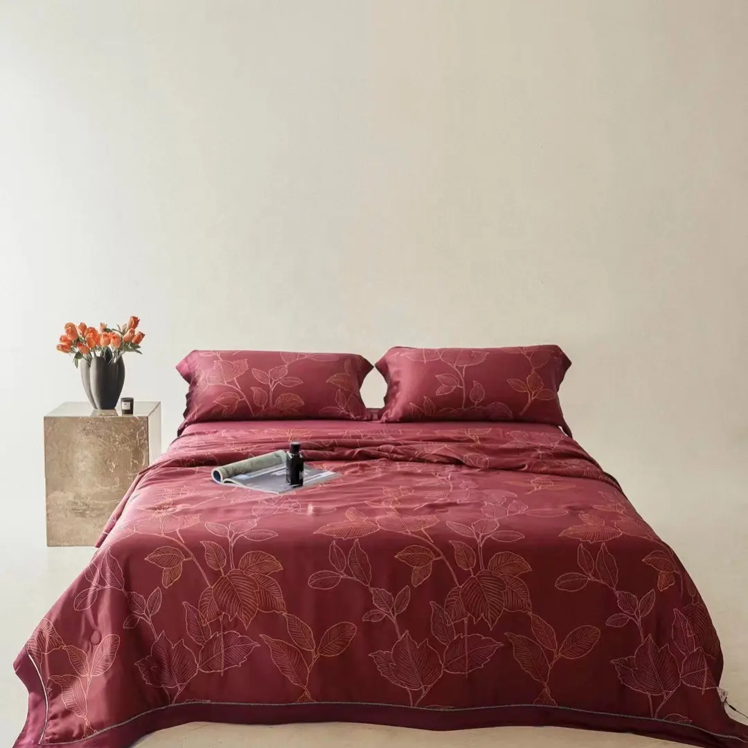 Verão fresco casa têxtil lyocell fibra vermelho cama king size maple leaf impressão colcha conjuntos fornecedor