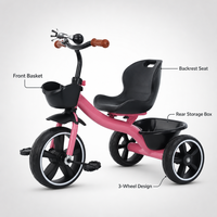 Tricycle pour enfants à 3 roues avec siège avec dossier, panier avant, boîte de rangement arrière et pédalier pour garçons, filles et enfants