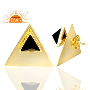 Pendientes de piedras preciosas de ónix negro, pendientes de tuerca con forma de triángulo chapado en oro y plata 925, fabricante de joyería, Colección Vintage - Product Image 3