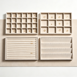 Plateau de présentation de bijoux en velours beige, plusieurs styles de grilles pour bagues, boucles d'oreilles, colliers, plateau de rangement de bijoux pour magasin de détail - Product Image 6