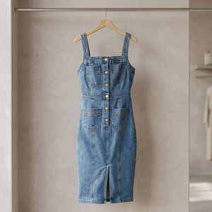 Combinaison longue vintage pour femme en denim de coton et élasthanne, extensible à mi-étirement, col en V, sans manches, effet push-up, avec poche avant - Product Image 3