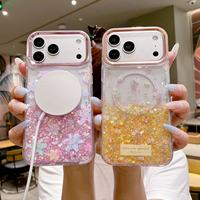 Coque de téléphone à paillettes liquides et fleurs colorées pour iPhone 17 16 15 14, avec cadre métallique pour objectif et couvercle magnétique