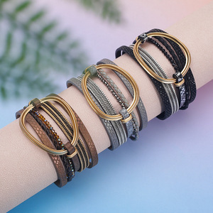 Pulsera <span class=keywords><strong>de</strong></span> Mujer con Cuentas <span class=keywords><strong>de</strong></span> Cristal y Cuero PU Multicapa, Piezas Geométricas <span class=keywords><strong>de</strong></span> Aleación, Cierre Magnético, Joyería Elegante - Product Image 3