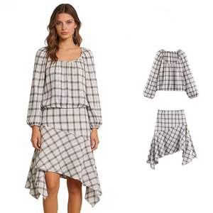 Blusa informal de moda para mujer, cuello redondo, manga larga, estampado a cuadros, color blanco y gris - Product Image 1