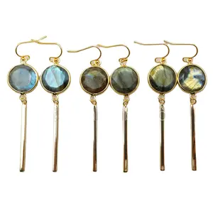 WT-E323 Wholesale Natural Round Labradorite Earring, 24K Real Gold Plated With Fashion Metal Bar Labradorite Earring