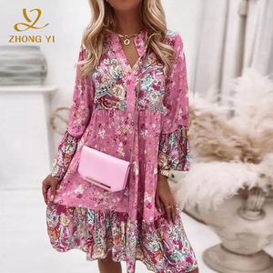 Robes Courtes Vintage Élégantes pour Femmes, Col en V, <span class=keywords><strong>Volants</strong></span>, Manches Longues, Motif Floral, Coupe Ample, Collection 2023 - Product Image 1
