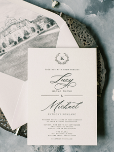 Invitation <span class=keywords><strong>de</strong></span> mariage personnalisée en lettres imprimées en relief noires avec illustration <span class=keywords><strong>de</strong></span> lieu <span class=keywords><strong>de</strong></span> mariage en aquarelle et monogramme <span class=keywords><strong>de</strong></span> verdure simple - Product Image 3