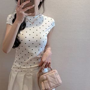 Camiseta <span class=keywords><strong>de</strong></span> Verano para Mujer, Estilo Coreano, <span class=keywords><strong>de</strong></span> Algodón con Estampado <span class=keywords><strong>de</strong></span> Lunares, Cuello Redondo, Manga Corta, Color Sólido Personalizable - Product Image 2