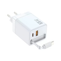 Adaptor Perjalanan PD 45W GaN dengan Kabel Ekstensi untuk Laptop, iPhone & Earphone - Pengisian Cepat QC3.0 1 Port USB + 2 Port Tipe-C