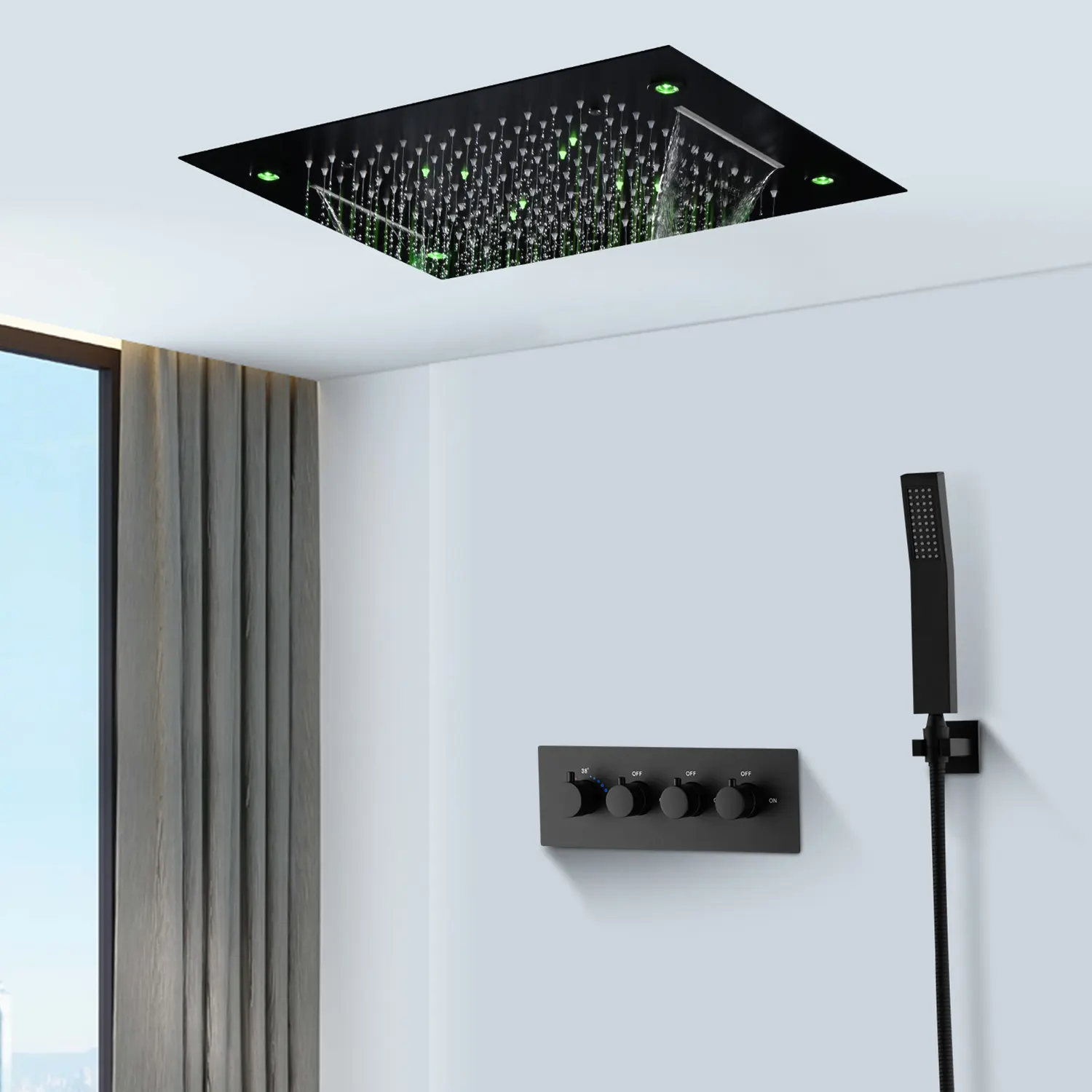 Noir mat 360x500mm led plafond pluie pommeau de douche cascade plafond encastré thermostatique 3 voies mélangeur ensemble