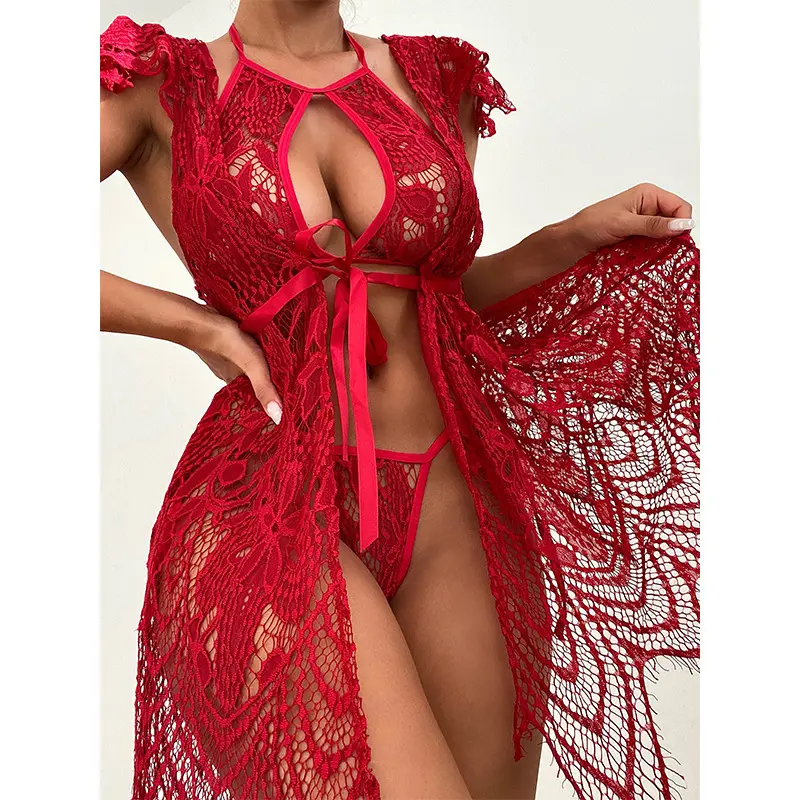 Hot Sale Sexy Transparent Backless Underwear Lace Sexy Lingerie Women Red Satin Nightwear