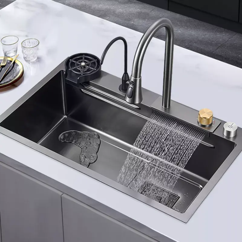 2022 New Stainless Steel Black Nanometer Single Bowl Kitchen Raindance Waterfall Sink