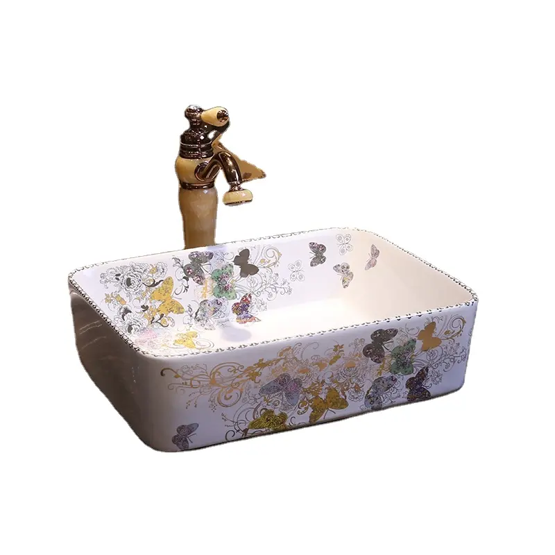 Lavatório de porcelana artesanal retangular chinês para banheiros, lavatório de cerâmica para banheiros, lavatório de porcelana artesanal retangular de borboleta branca