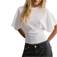 Camiseta Corta de Algodón con Manga Murciélago y Cintura Fruncida Personalizada, Ajuste Delgado, Ropa para Mujer