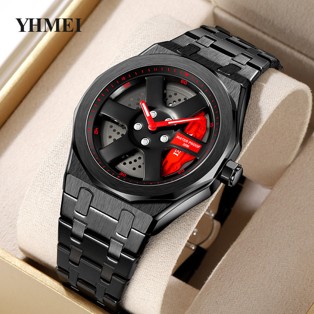 Rotating Rim Hub Watches New Sports Car Mens Watch Waterproof Car Wheel Wristwatch Stainless Steel Quartz Watches Men YHMEI