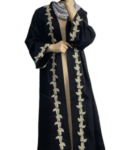 热卖穆斯林妇女长裙abaya迪拜花卉植物刺绣蕾丝开衫长袍