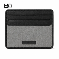Porte-cartes en cuir bicolore noir et gris avec bordure texturée, panneau avant tissé et fentes incurvées pour la vente en gros et l'approvisionnement OEM