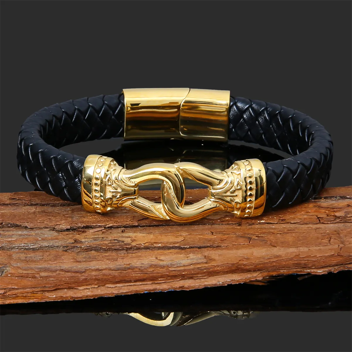 New Punk Black Brown wax cord bracciali intrecciati in vera pelle da uomo Cool bracciali in acciaio inossidabile oro 14 k