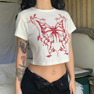 เสื้อยืดสตรีสไตล์วินเทจพิมพ์ลายผีเสื้อแนวกรันจ์คอกลมแขนสั้นทรงครอปเข้ารูปเสื้อยืดฮาราจูกุอีเกิร์ลเสื้อยืดผู้หญิงอเมริกัน Y2K ยุค90 - Product Image 1