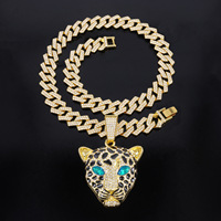 Chaîne cubaine unisexe tendance style punk cool hip-hop européen et américain, avec pendentif tête de léopard imposant et dominant en diamant, en alliage doré