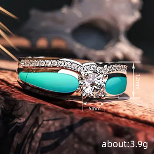 T0879 Women's 18K Solid <b>Gold</b> Engagement <b>Ring</b> With Round Brilliant Diamond Pave Setting And <b>Turquoise</b> Inlay - Product Image 4