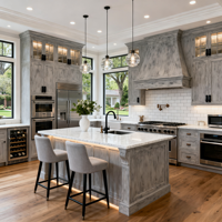 Armoires de cuisine Shaker gris clair sur mesure, en bois massif, style américain moderne, avec îlot central