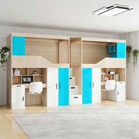 Lit superposé double compact et peu encombrant avec bureau en dessous et escalier pour adulte, structure en bois, taille complète