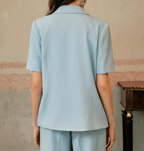 Abrigo de Negocios para Mujer, <span class=keywords><strong>Azul</strong></span> <span class=keywords><strong>Claro</strong></span>, con Bordado Floral, Manga Corta, Doble Botonadura, Solapa con Muescas, Formal, de Oficina, Casual - Product Image 2