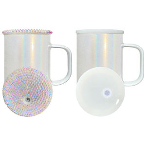 Taza de café de vidrio sublimable de 17oz con brillo holográfico reutilizable de almacén de EE. UU. con tapa de PP para envolturas UV DTF - Product Image 5