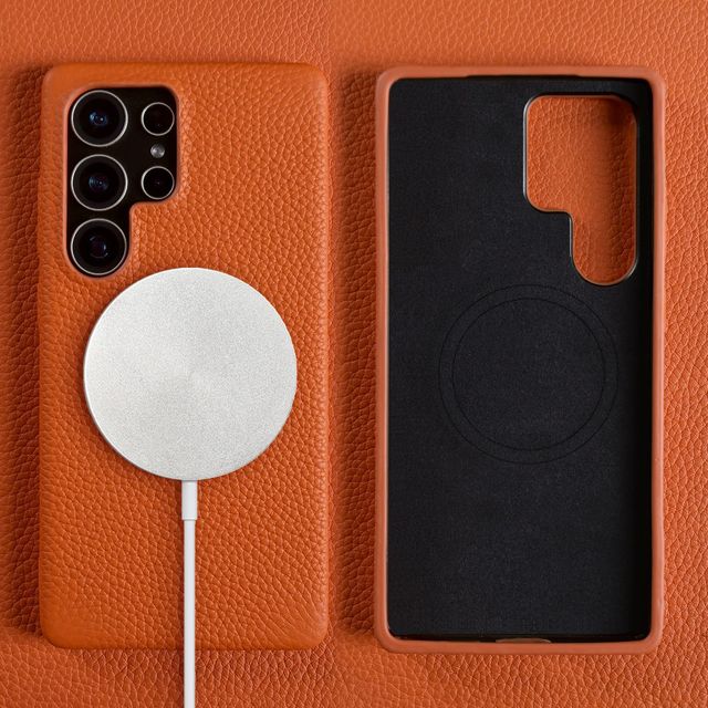 Genuine Pebble Leather Phone Case for Samsung S23/S24/S25 Ultra  Full Coverage Strong Magnetic N52 Mobile Protective Cover